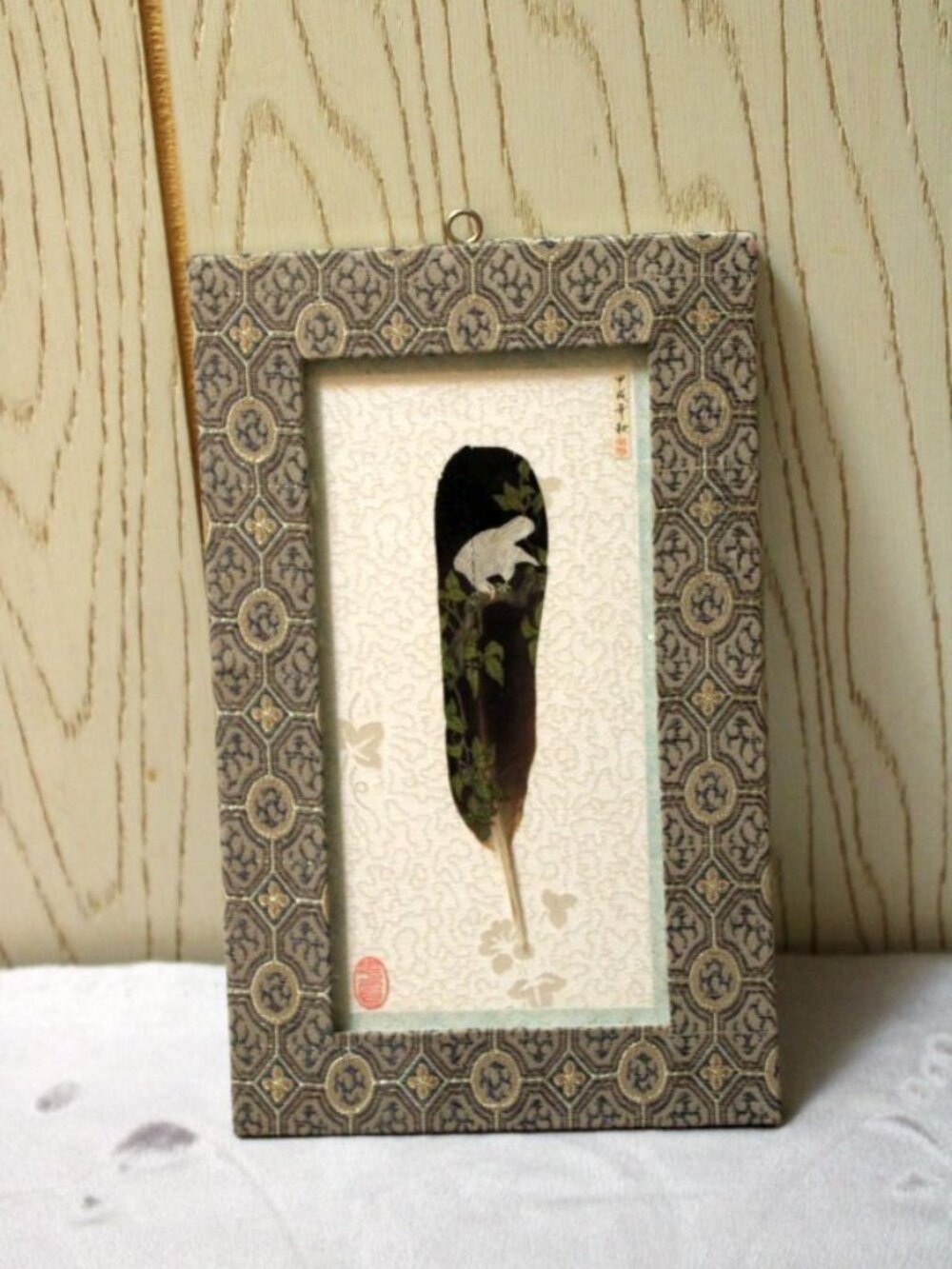Asian Hand Painted Feather Picture with Fabric - Vintage